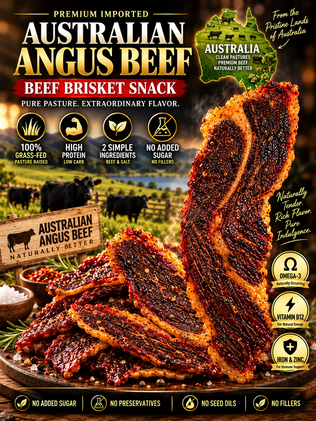 100% Australian Grass-Fed Angus Beef Brisket Snack | Thick-Cut, Juicy & Tender | Rich Beef Flavor | High-Protein Snack-Liam