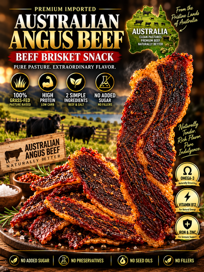 100% Australian Grass-Fed Angus Beef Brisket Snack | Thick-Cut, Juicy & Tender | Rich Beef Flavor | High-Protein Snack-Liam