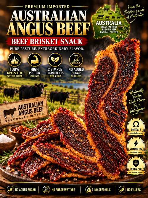 100% Australian Grass-Fed Angus Beef Brisket Snack | Thick-Cut, Juicy & Tender | Rich Beef Flavor | High-Protein Snack-Liam